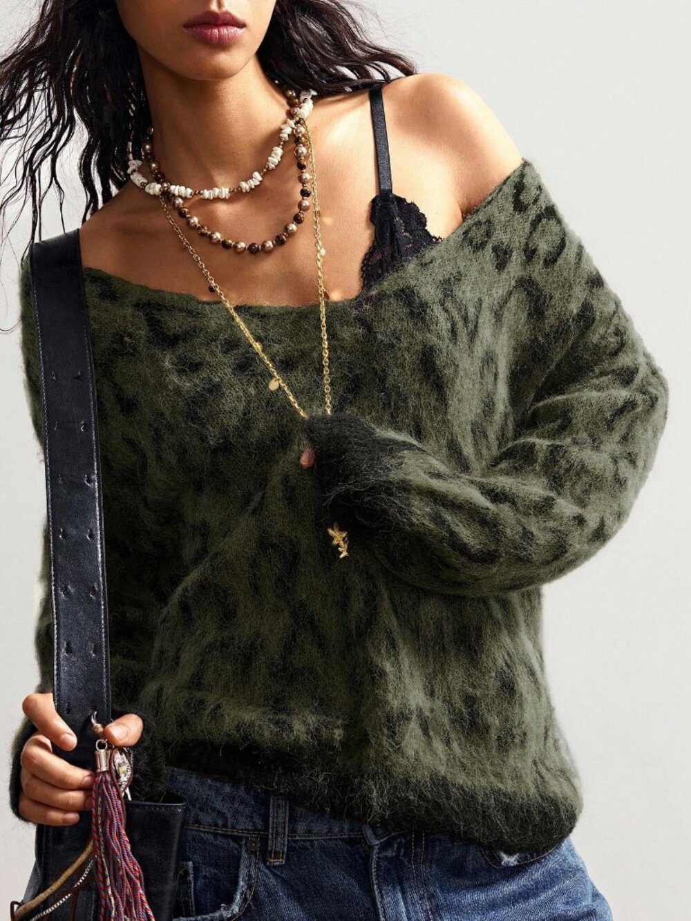 Army Green Casual Women's Asymmetrical Neck Loose Knit Pullover Sweater